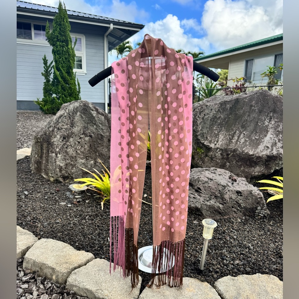 Marc Jacobs 100% Silk Made in Italy Polka Dot Fringe Scarf Pink Brown